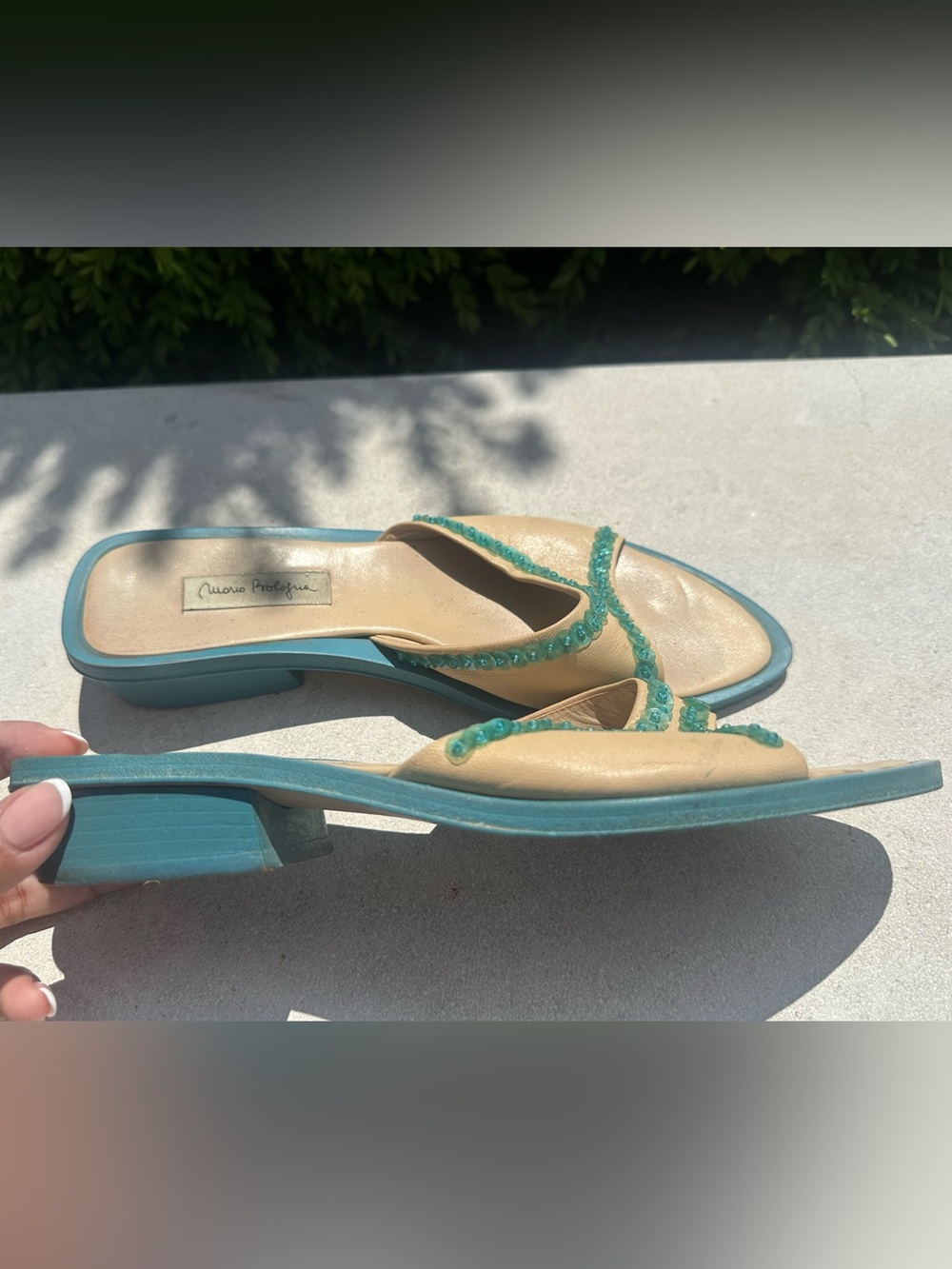 Manolo Blahnik Inspired Mario Bologna Y2K Turquoise Beige Beaded Thong Sandals - Picture 3 of 9